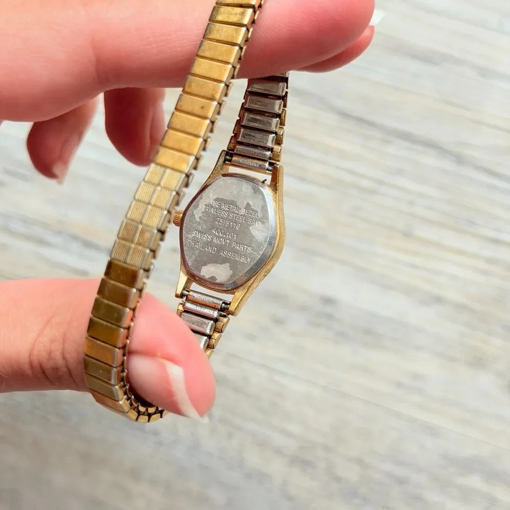 Vintage Armitron Diamond Quartz Gold Tone Watch Black Dial Dainty Working